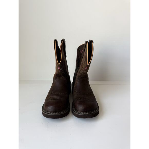 JUSTIN Youth Size 5.5 B Brown L9526 Orange Leather Square Toe Cowboy Boots Gypsy - Picture 2 of 7